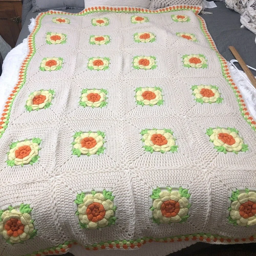 Crochet Afghan Blanket 3D Rose Throw Handmade Granny Square 70s Decor 42” x 68”